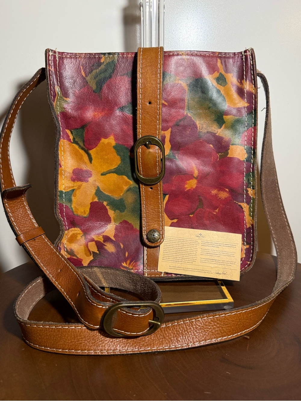 Patricia Nash Floral Italian Leather Crossbody Bag Burgundy Boho Buckle